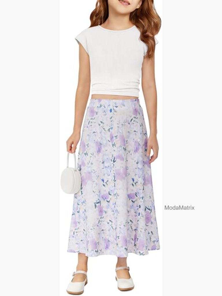 Girls 2 Piece Maxi Skirt Set Ribbed Knit Crop Top Elastic Waist Long Skirt